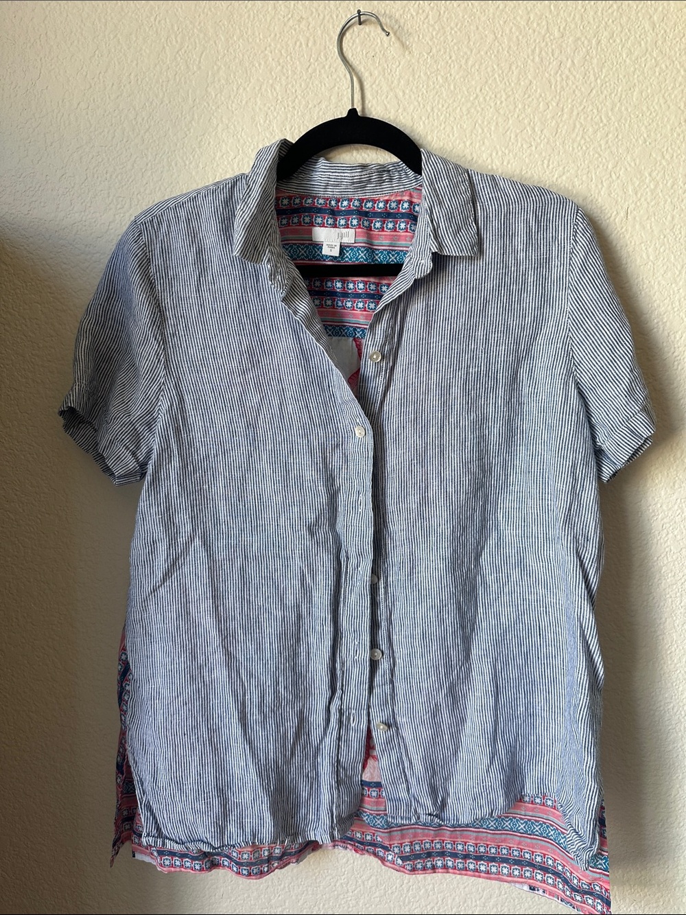 J. Jill Blue and White Striped Short-Sleeve Button Shirt with Patterned Hem